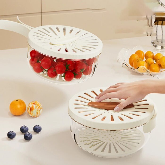 Fruit Drain Basket With Lid Vegetable Washing Bowl Foldable Handle Cleaning Colander Plastic Refrigerator Crisper Kitchen Box Kitchen Gadgets - Image 2