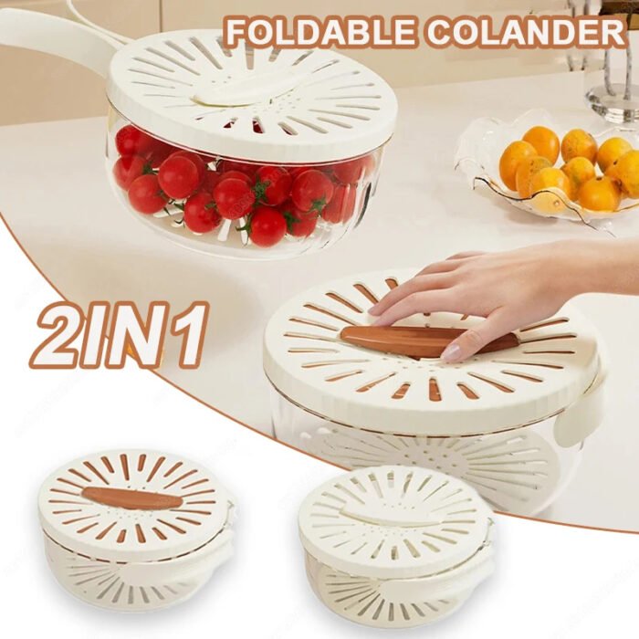 Fruit Drain Basket With Lid Vegetable Washing Bowl Foldable Handle Cleaning Colander Plastic Refrigerator Crisper Kitchen Box Kitchen Gadgets - Image 1