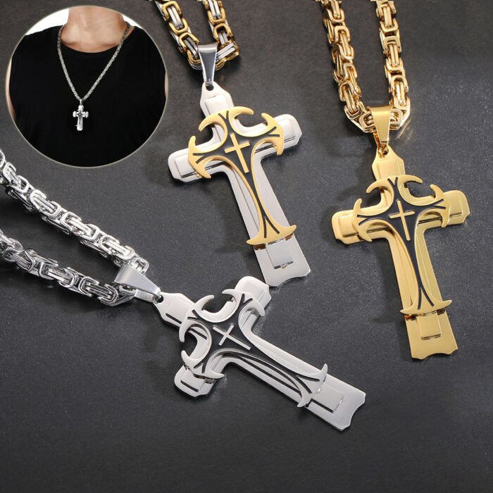 Fashion Jewelry Christian Trinity Latin Cross Necklace For Men Stainless Steel Three Layers Cross Pendants Necklaces Jewelry Gift - Image 1