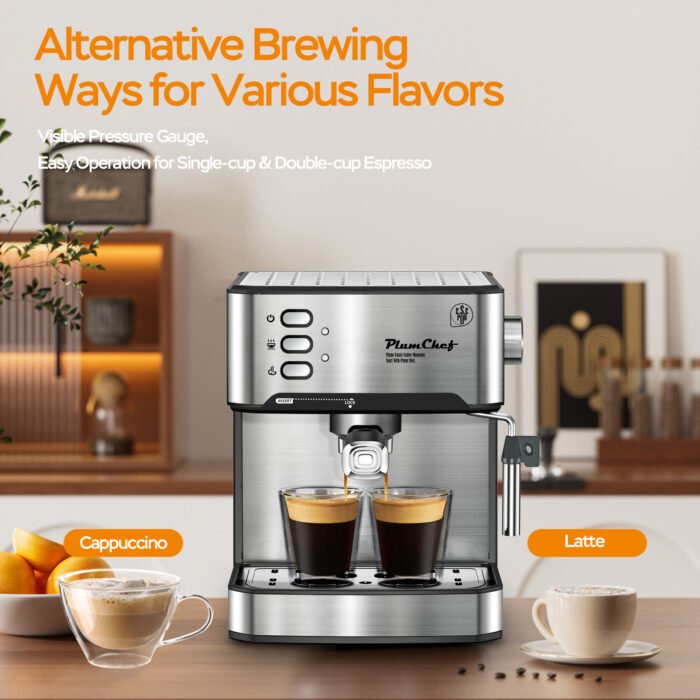 20 Bar Professional Espresso Machine With Milk Frother, Single & Double Shot, ESE Pod Compatible, Visual Display Of Pressure, Removable Water Tank For Cappuccino, Latte, Machiato For Home Barista - Image 2