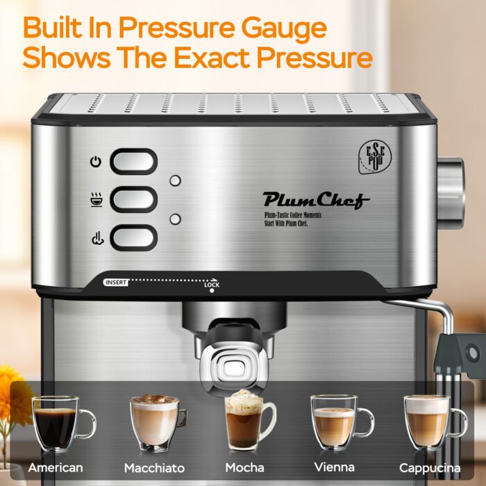 20 Bar Professional Espresso Machine With Milk Frother, Single & Double Shot, ESE Pod Compatible, Visual Display Of Pressure, Removable Water Tank For Cappuccino, Latte, Machiato For Home Barista - Image 7