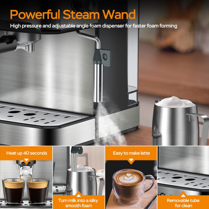 20 Bar Professional Espresso Machine With Milk Frother, Single & Double Shot, ESE Pod Compatible, Visual Display Of Pressure, Removable Water Tank For Cappuccino, Latte, Machiato For Home Barista - Image 6